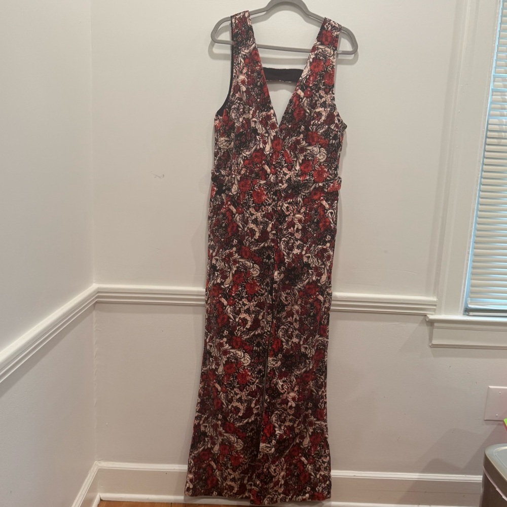 Free People Red and Black Floral/Paisley Velvet Jumpsuit sz 12